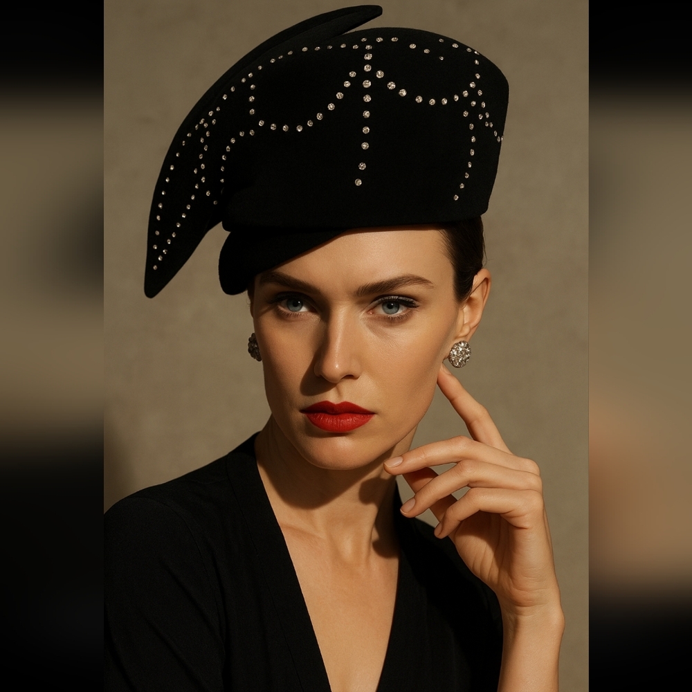 VINTAGE MR. JOHN CLASSIC BLACK RHINESTONE STUDDED HAT HOLLYWOOD GLAM